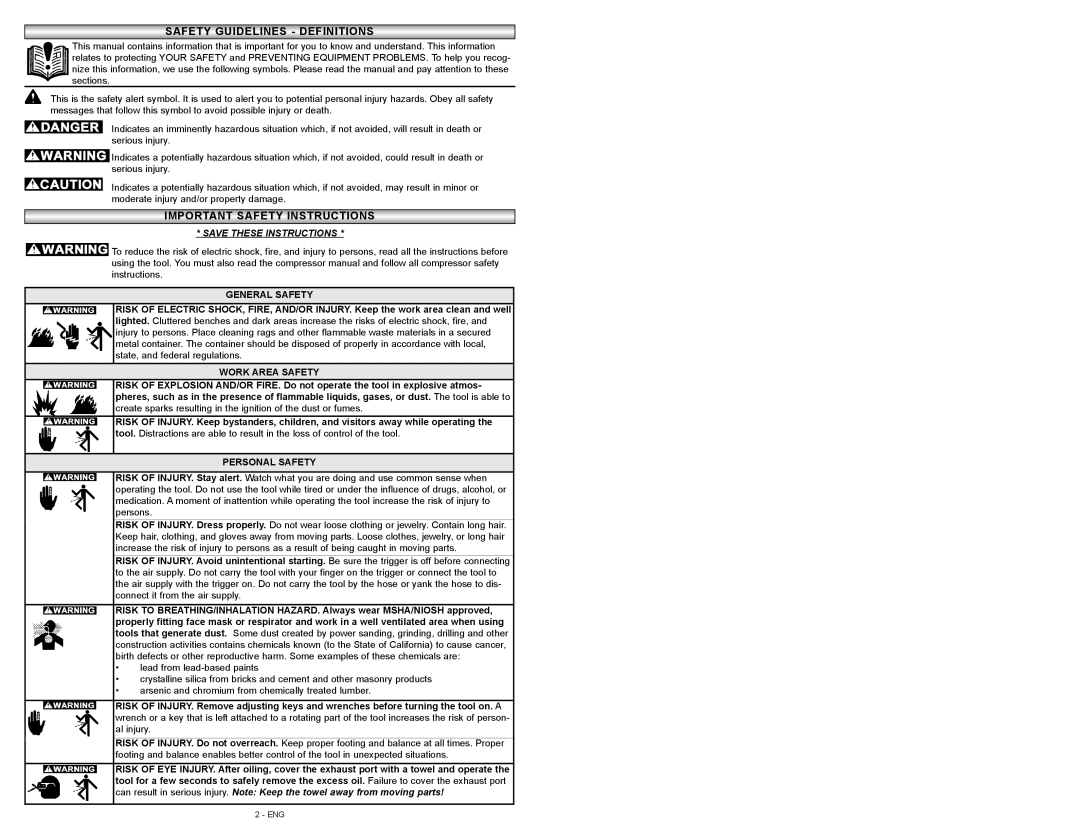 Powermate P024-0101SP Safetysafety Guidelinesguidelines -- Definitionsdefinitions, General Safety, Work Area Safety 