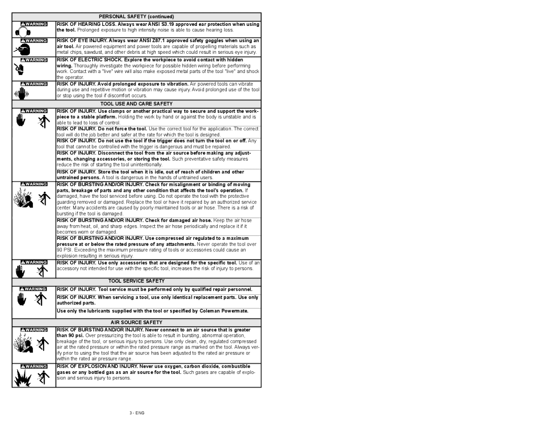 Powermate P024-0101SP instruction manual Tool USE and Care Safety, Tool Service Safety, AIR Source Safety 