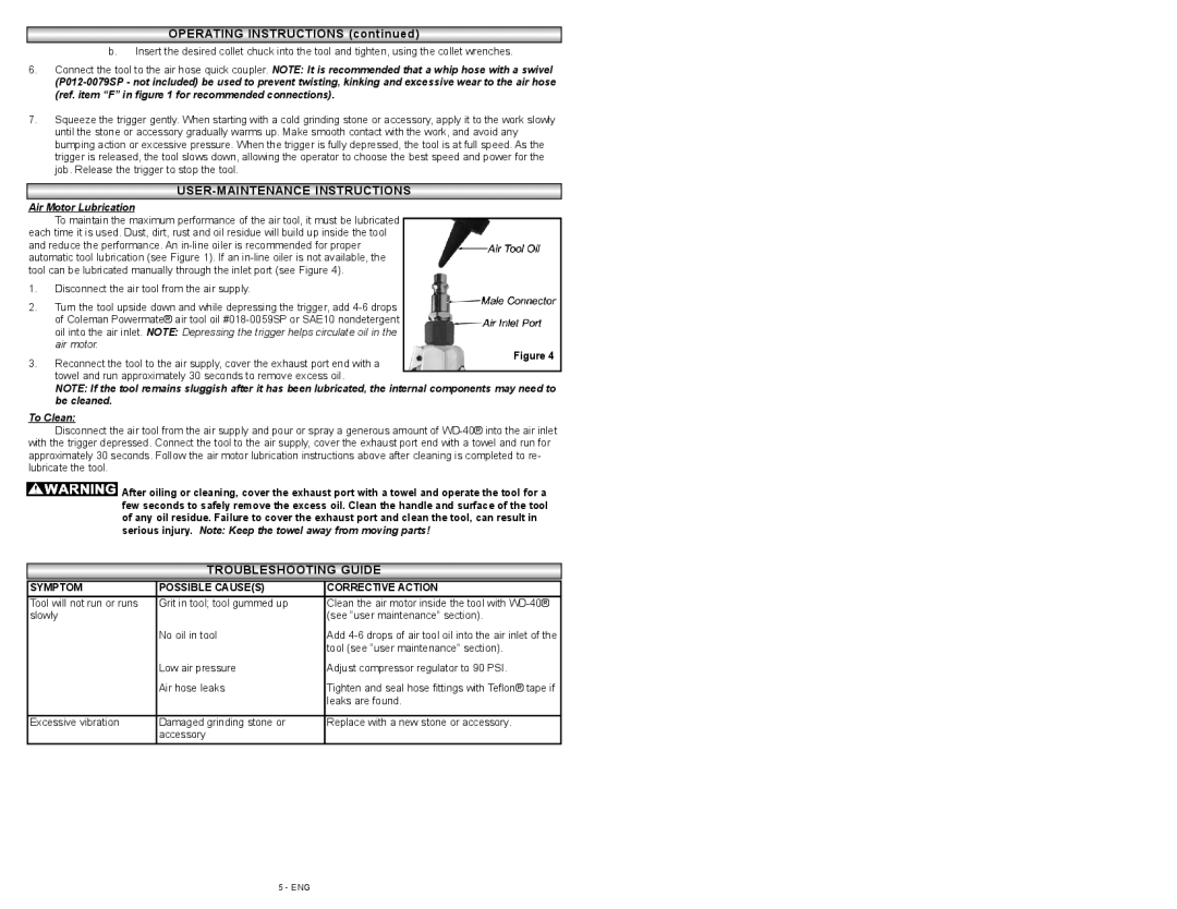 Powermate P024-0101SP instruction manual Troubleshootingg Guideguide, Air Motor Lubrication, To Clean 