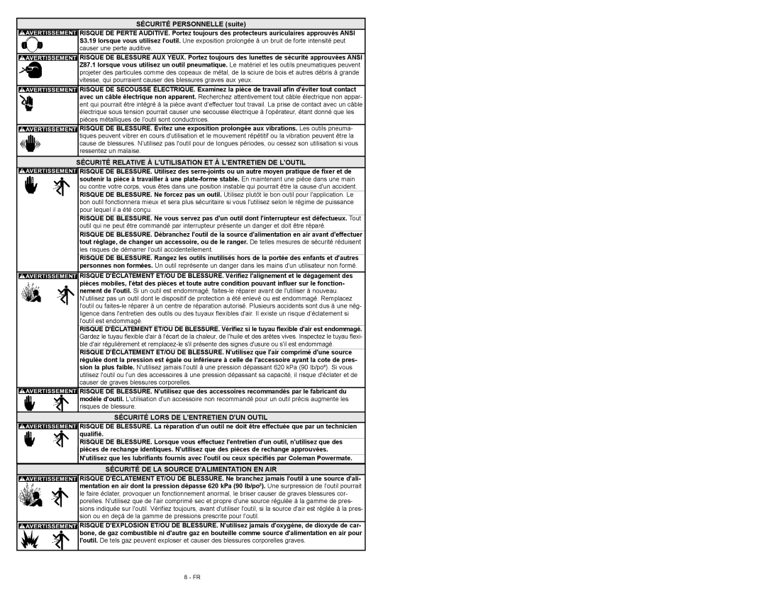 Powermate P024-0101SP Sécurité Relative À Lutilisation ET À Lentretien DE Loutil, Sécurité Lors DE Lentretien DUN Outil 