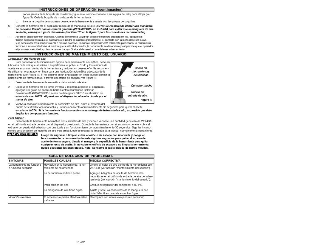 Powermate P024-0101SP Guía De Solución De Problemasproblemas, Lubricación del motor de aire, Figura, Para limpiar 