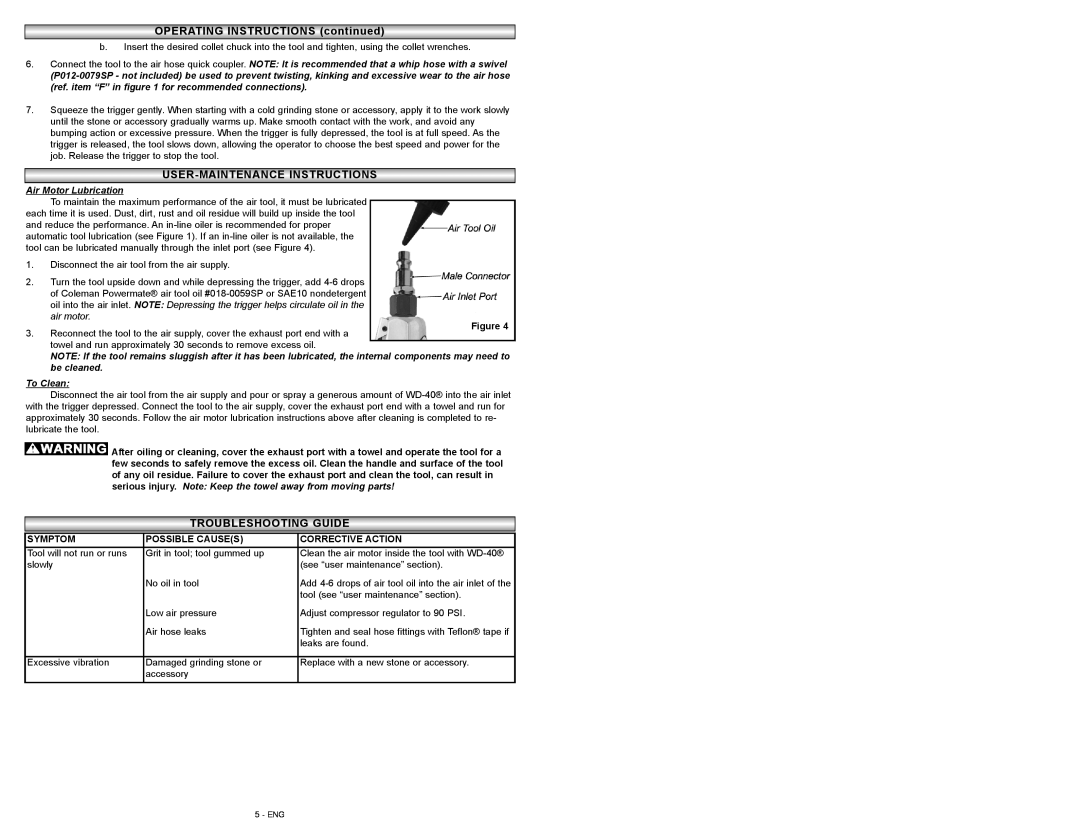 Powermate P024-0101SP instruction manual Troubleshootingg Guideguide, Air Motor Lubrication, To Clean 