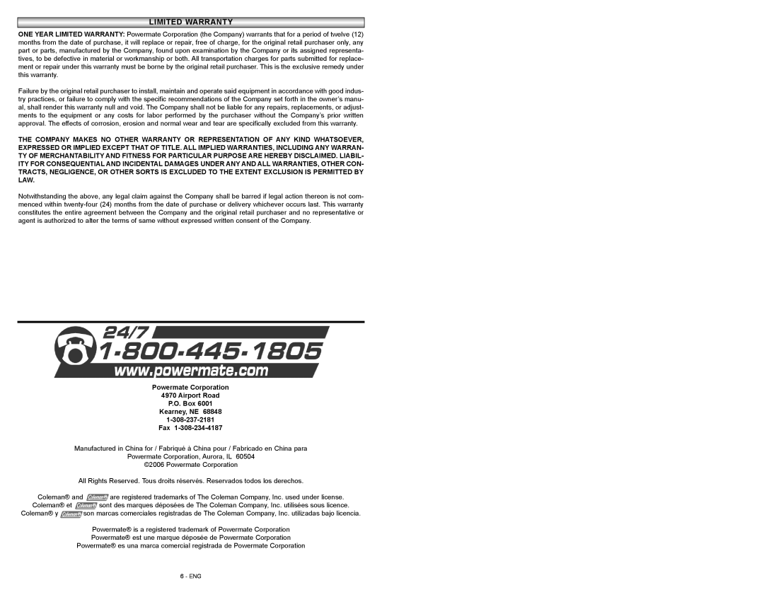 Powermate P024-0101SP instruction manual Limitedlimited Wwarrantyarranty, Powermate Corporation 4970 Airport Road P.O. Box 