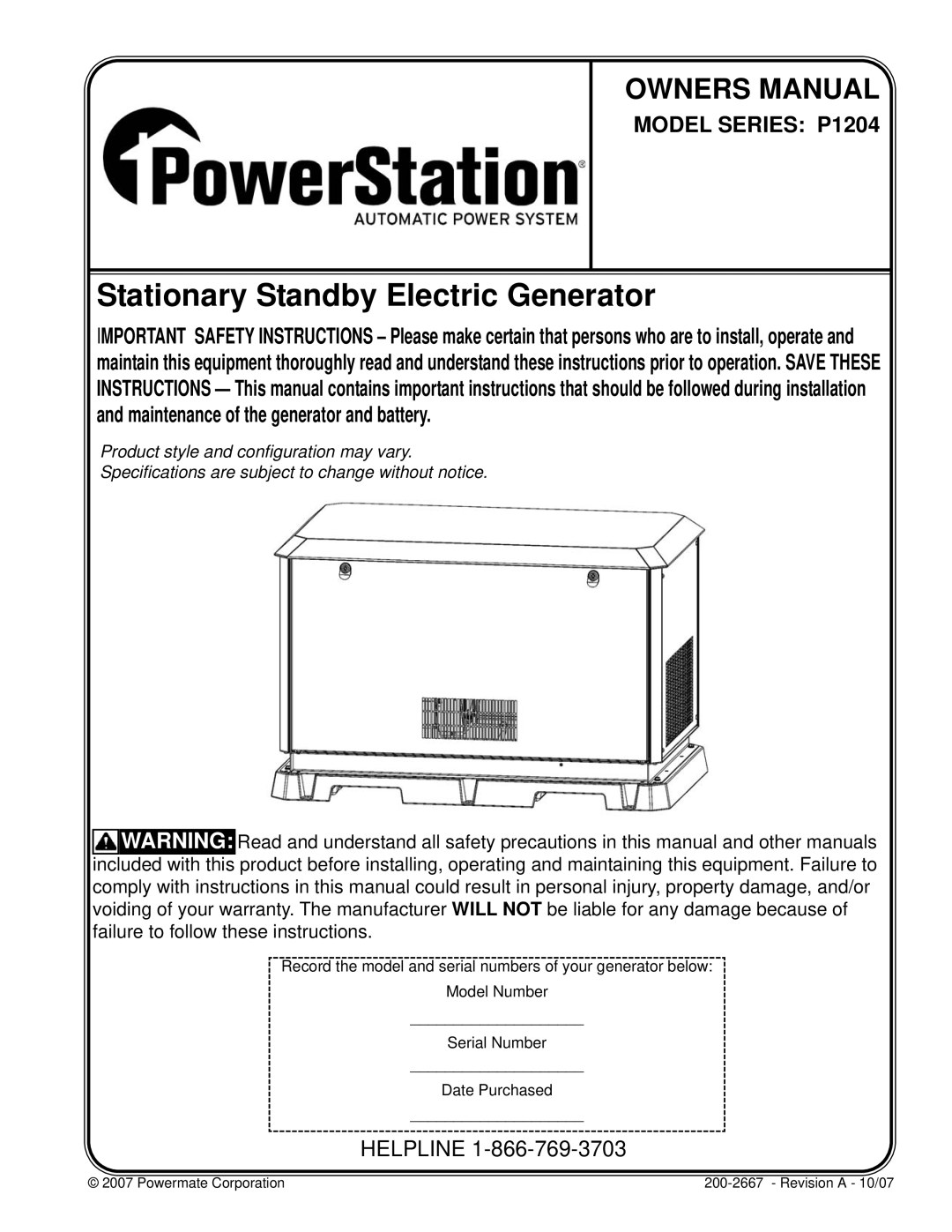 Powermate owner manual Stationary Standby Electric Generator, Model Series P1204 