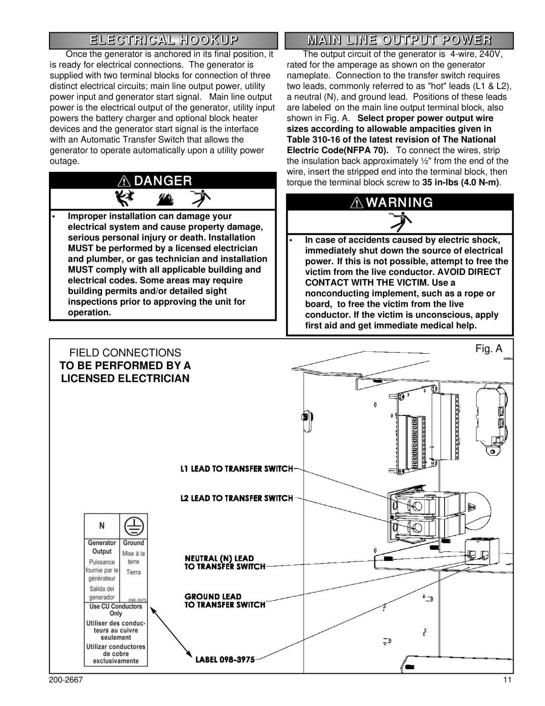 Powermate P1204 owner manual Electrical Hookup, AIN Line Output Powe R 