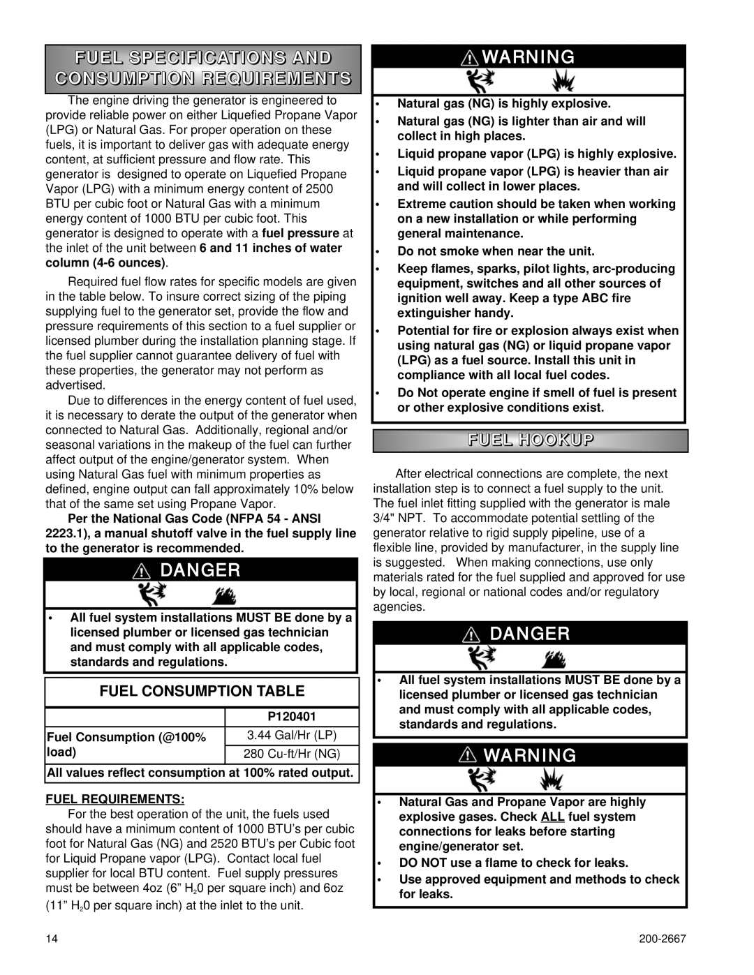 Powermate P1204 owner manual Fuel Specifications, Consumption Require Ments, Fuel Hooku P, Fuel Requirements 