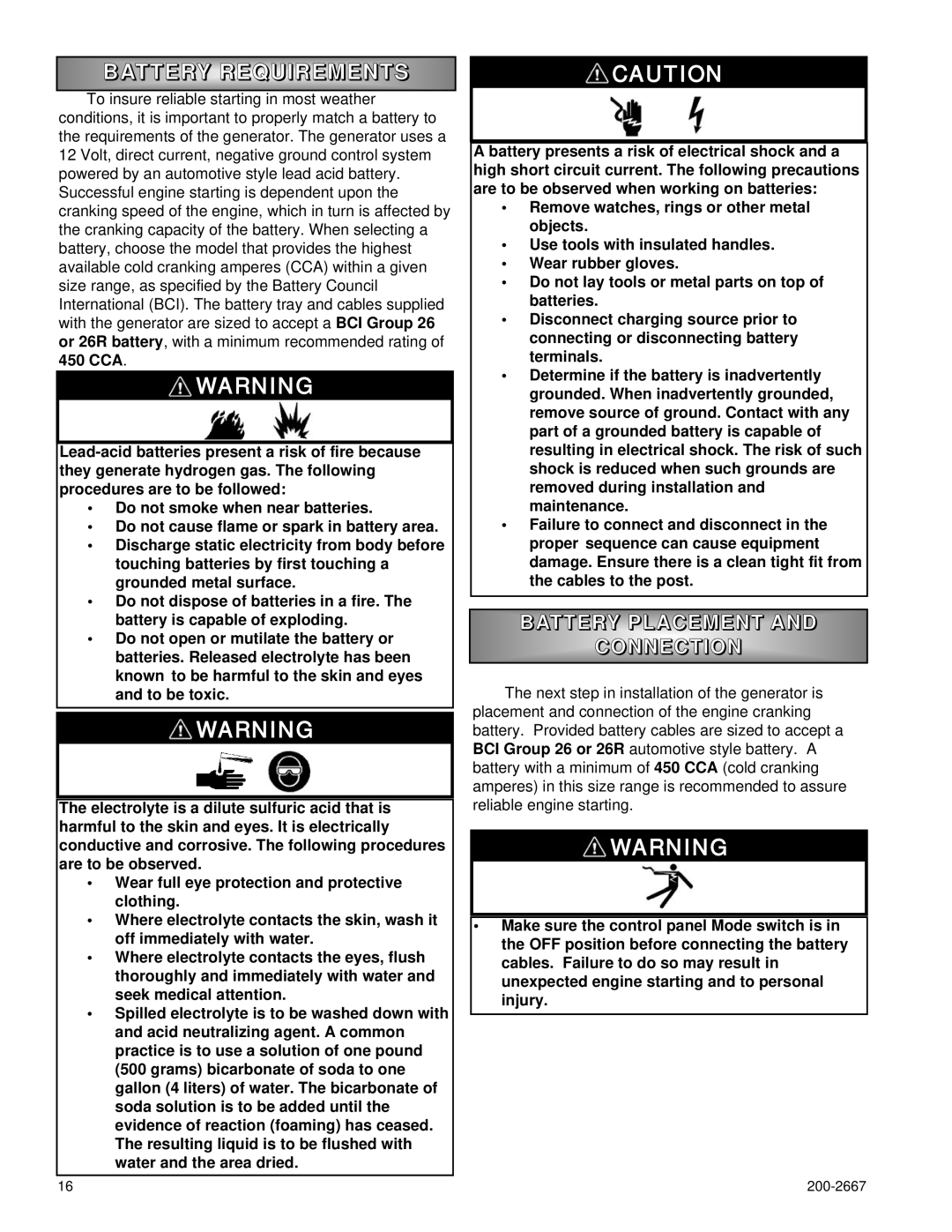 Powermate P1204 owner manual Battery Requirement S, Battery Placement, Connectio N 