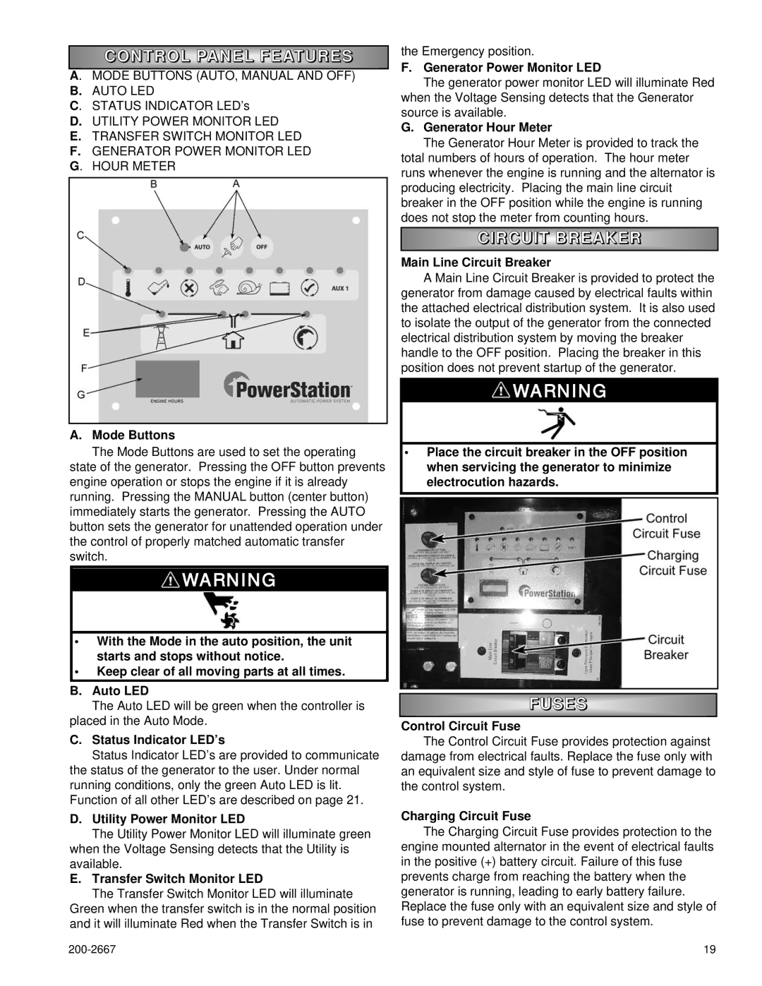 Powermate P1204 owner manual Control Panel Feature S, Circuit Breaker, Fuses 