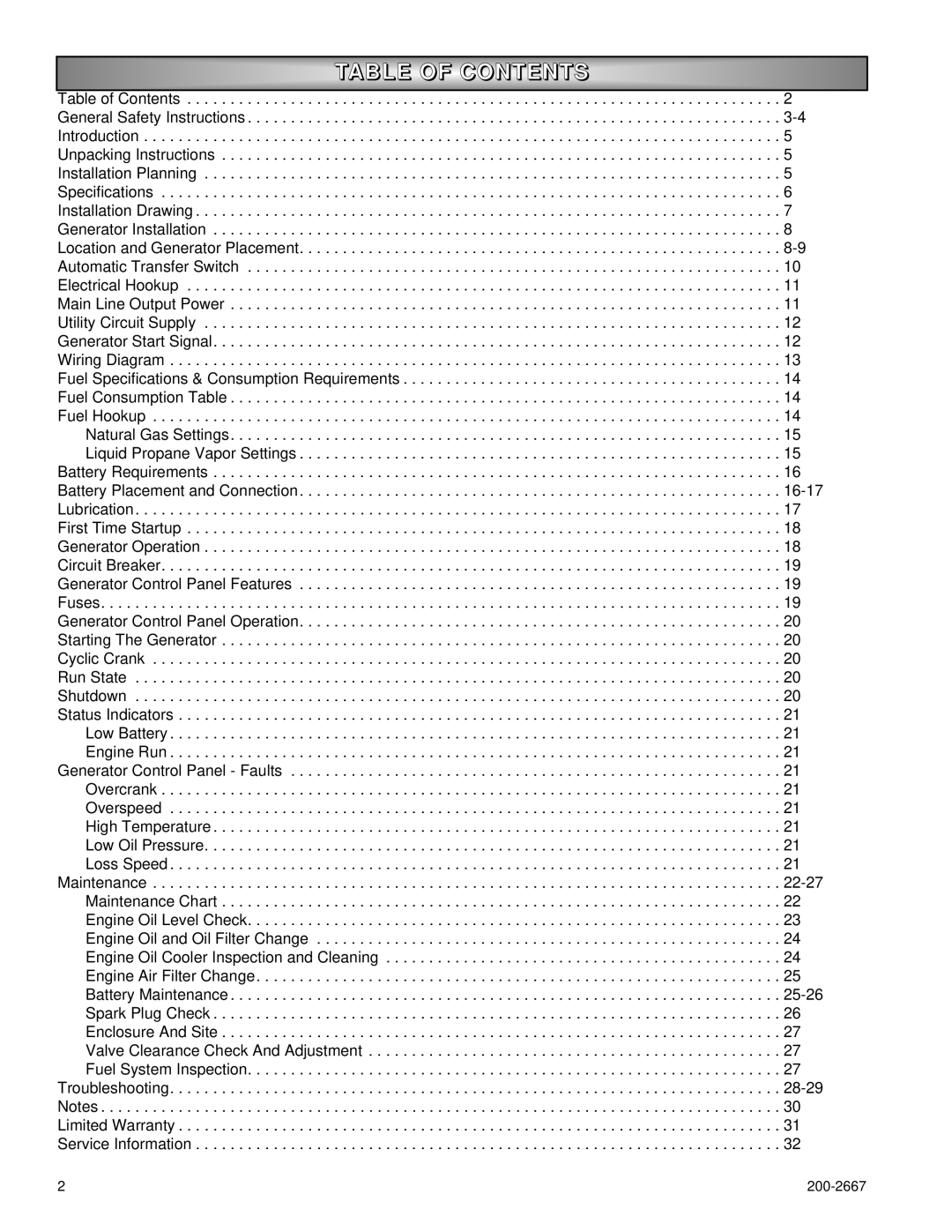 Powermate P1204 owner manual Table of Contents 