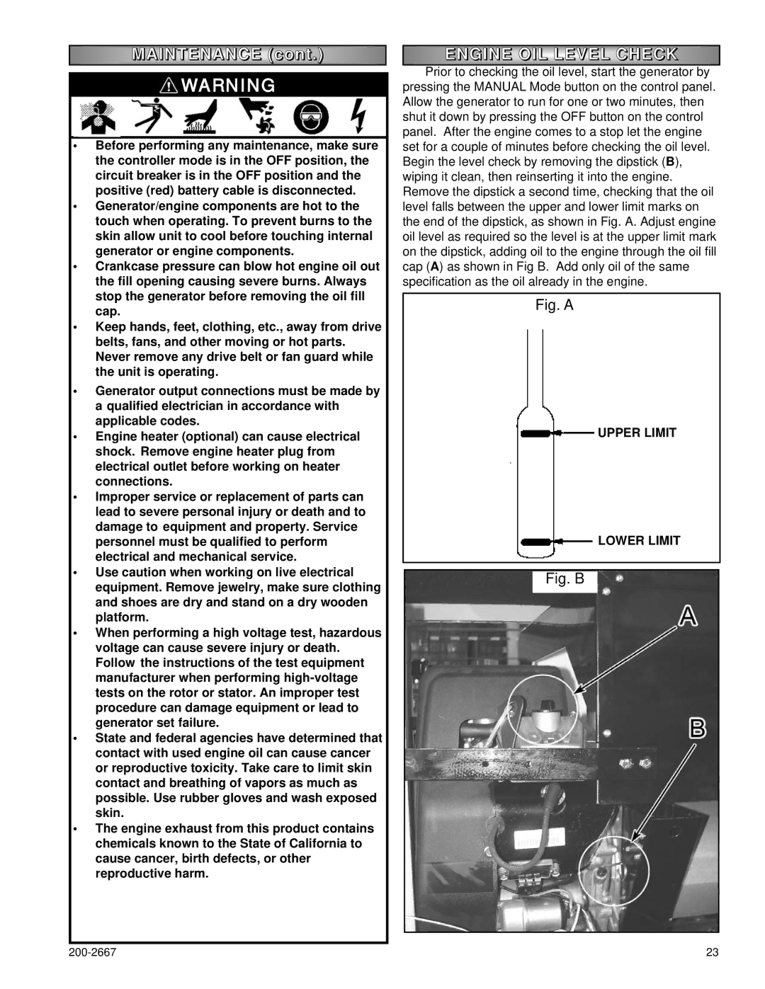 Powermate P1204 owner manual Engine OIL Level Check, Upper Limit Lower Limit 