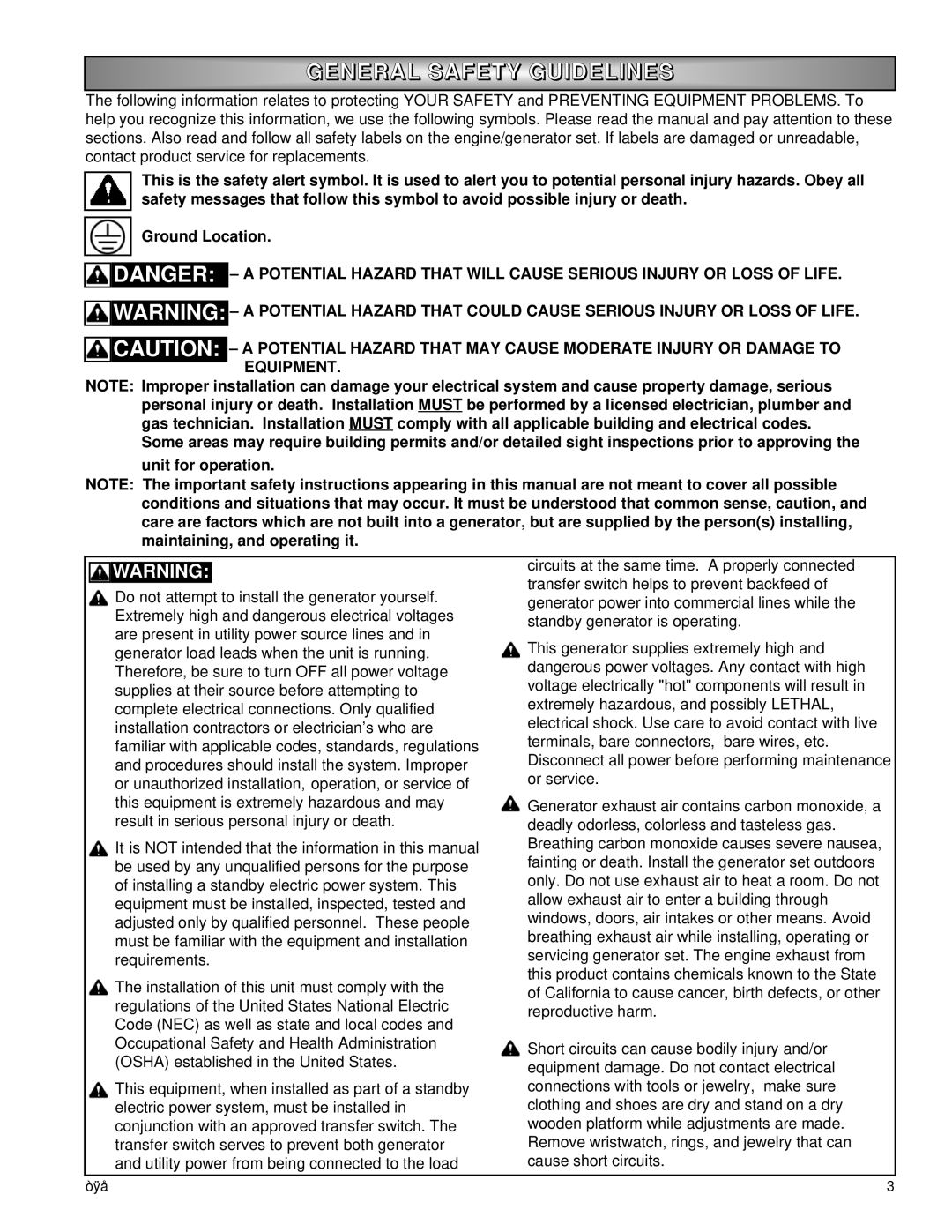 Powermate P1204 owner manual General Safety Guidelines 