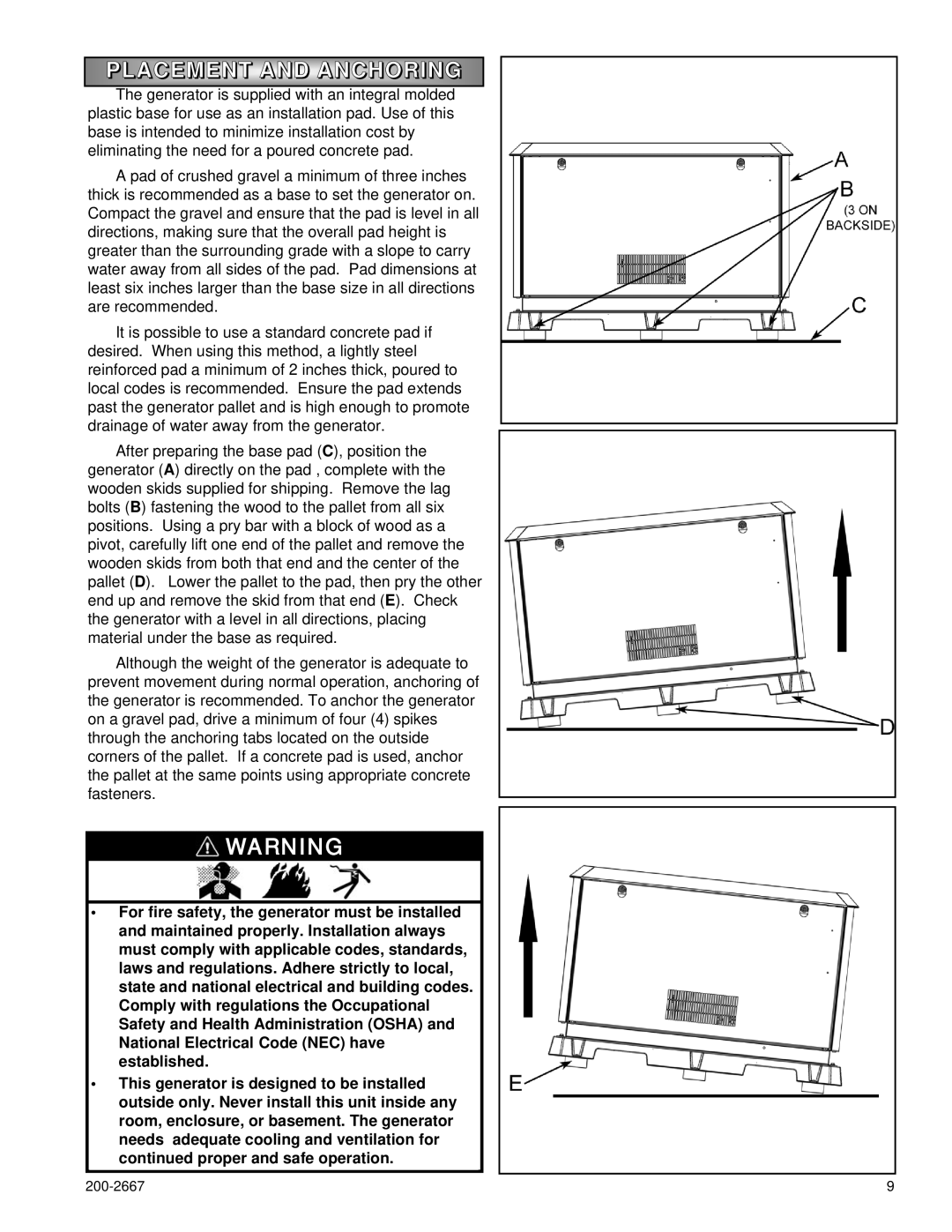 Powermate P1204 owner manual Placement and Anchoring 