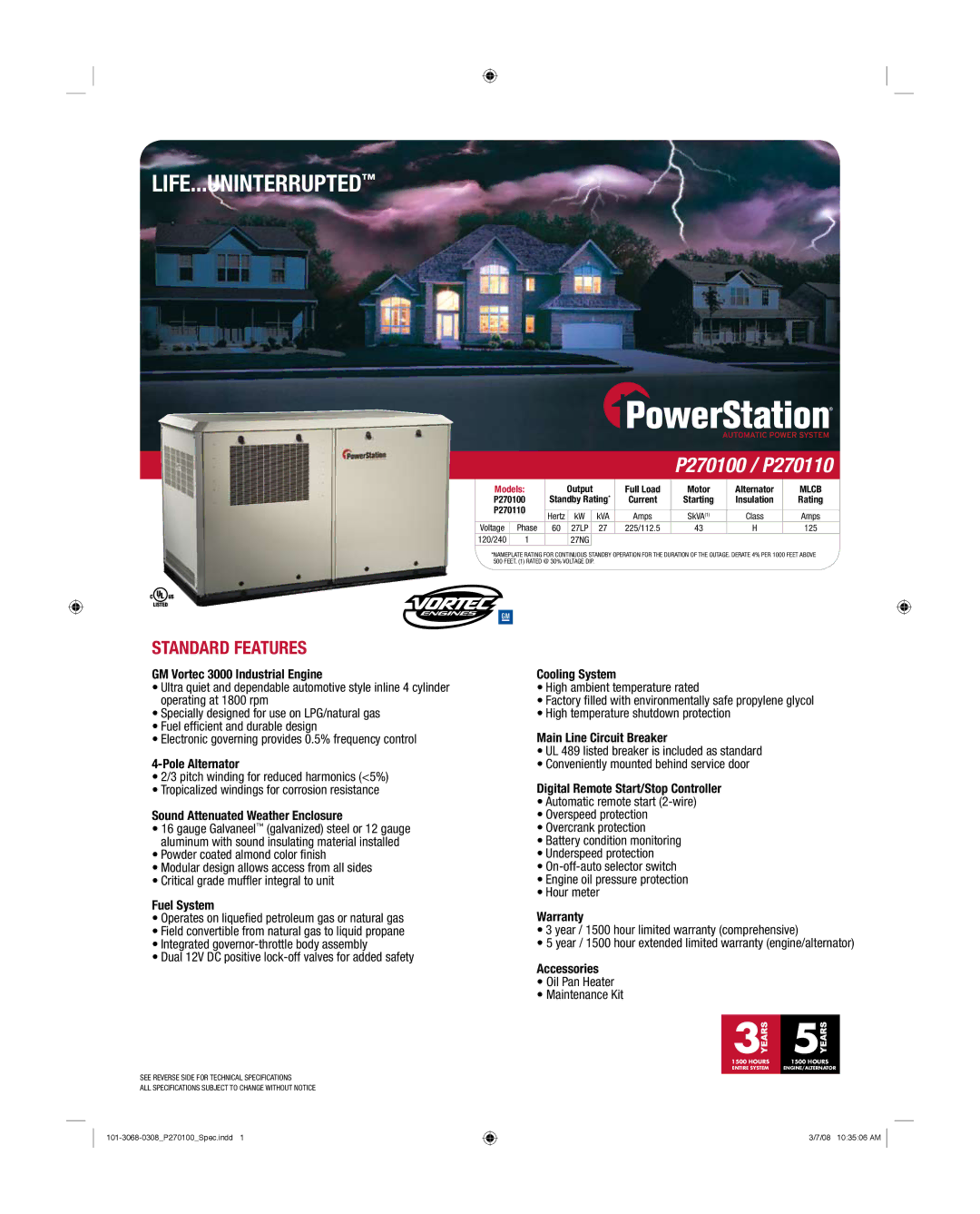 Powermate P270100 warranty GM Vortec 3000 Industrial Engine, Pole Alternator, Sound Attenuated Weather Enclosure, Warranty 