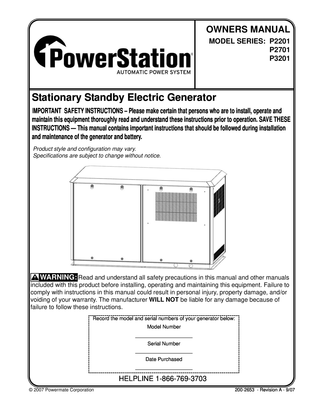 Powermate owner manual MODEL SERIES P2201 P2701 P3201, Stationary Standby Electric Generator, Owners Manual, Helpline 