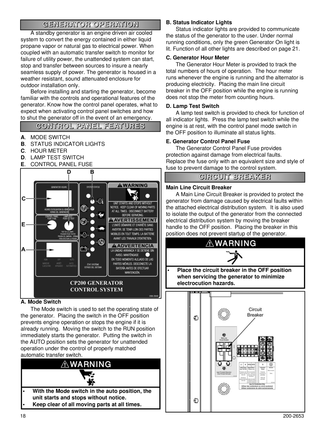 Powermate P3201 Generator Operatio N, Control Panel Feature S, Circuit Breaker, A. Mode Switch, B. Status Indicator Lights 