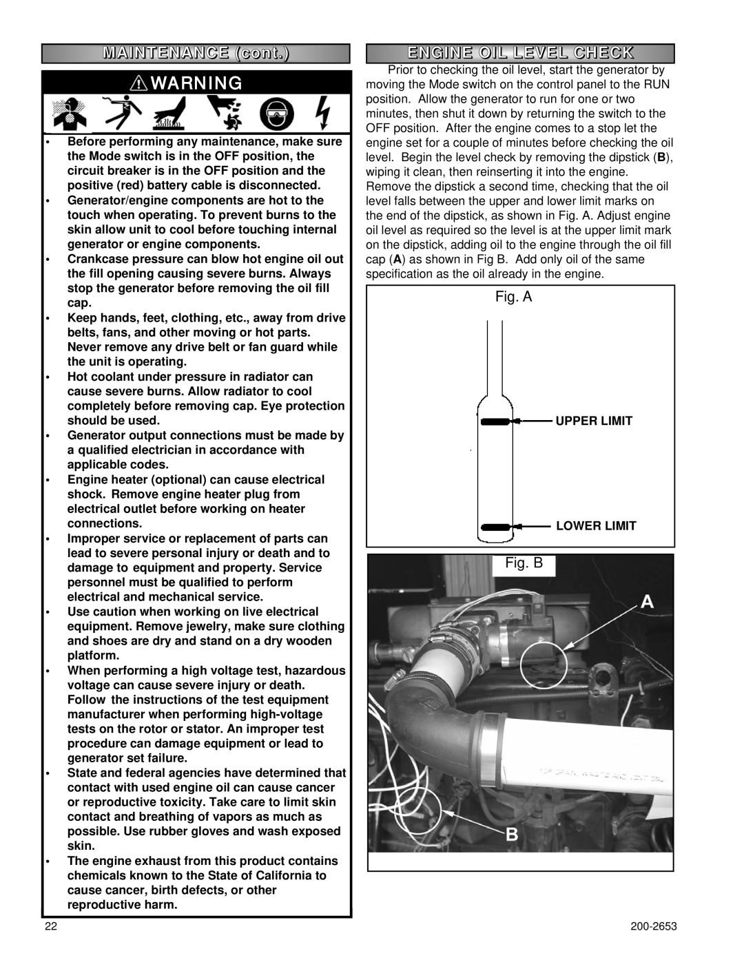 Powermate P2201, P3201, P2701 owner manual M AINTENANCE con t, Engine Oil Level Check 