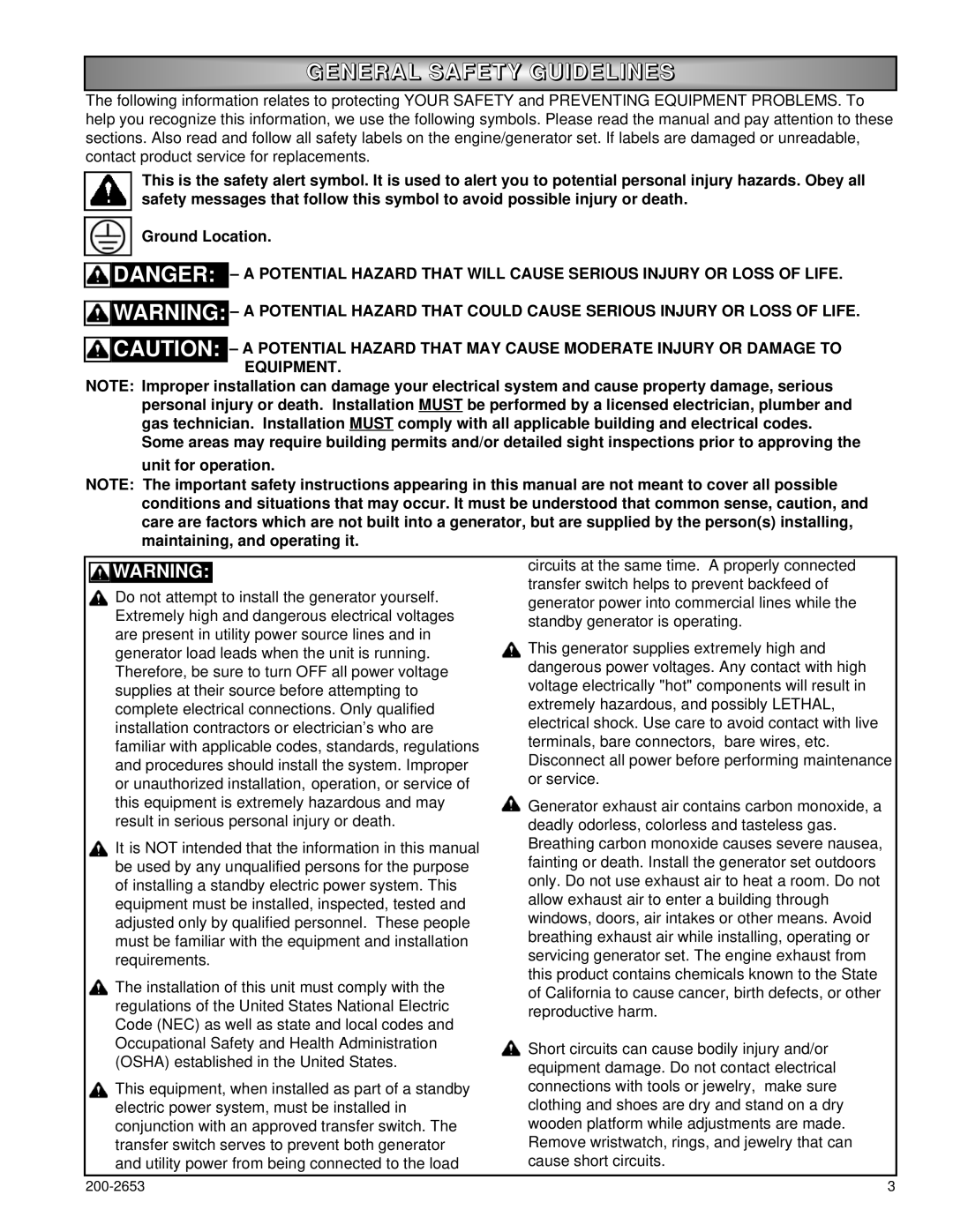 Powermate P3201, P2201, P2701 owner manual General Safety Guidelines 