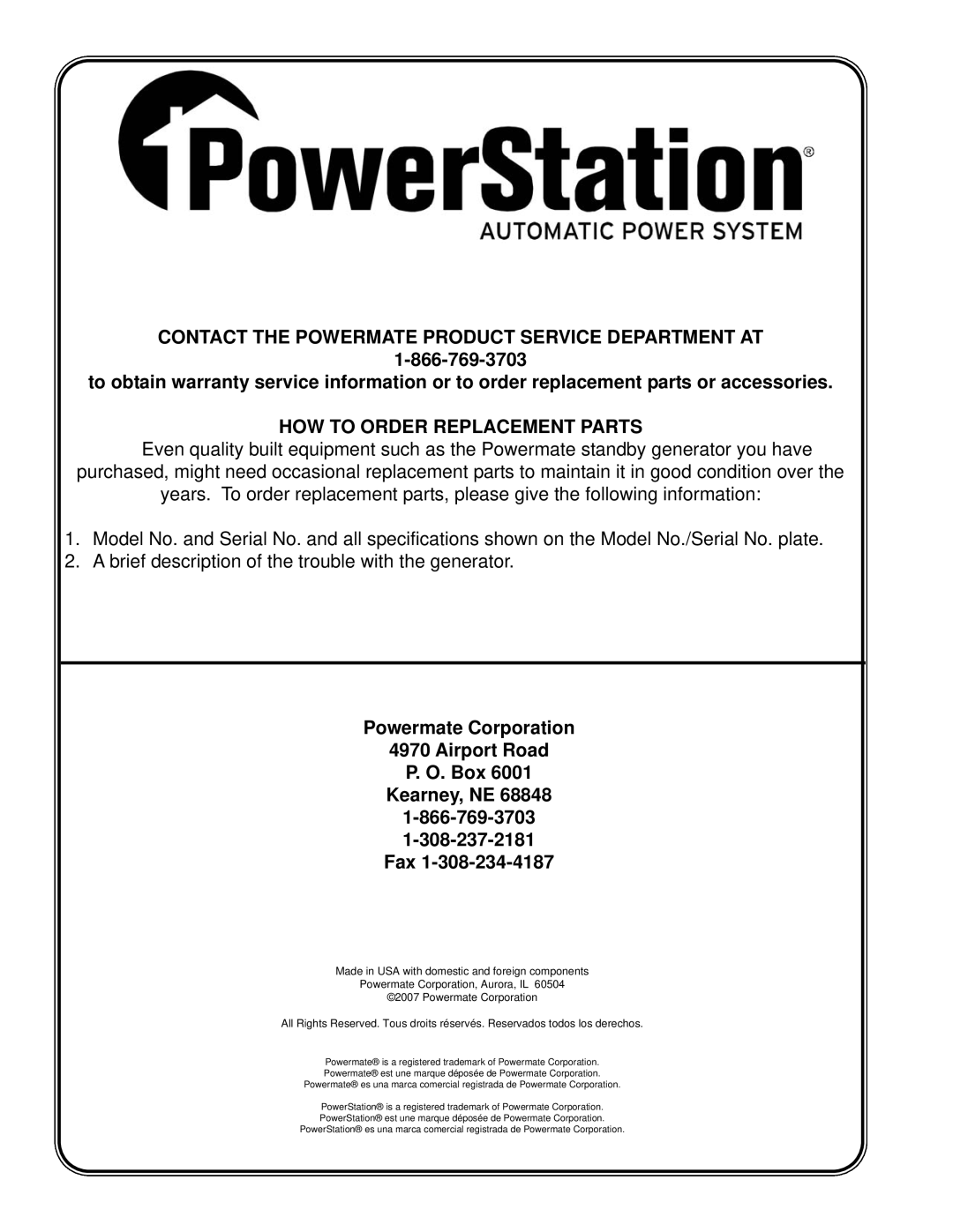 Powermate P2701, P3201, P2201 Contact The Powermate Product Service Department At, How To Order Replacement Parts 