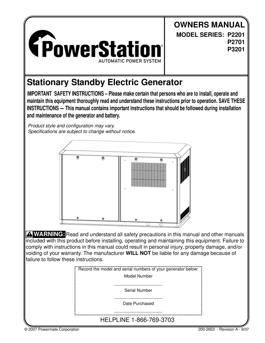 Powermate P3201, P2701 owner manual Stationary Standby Electric Generator, Model Series P2201 