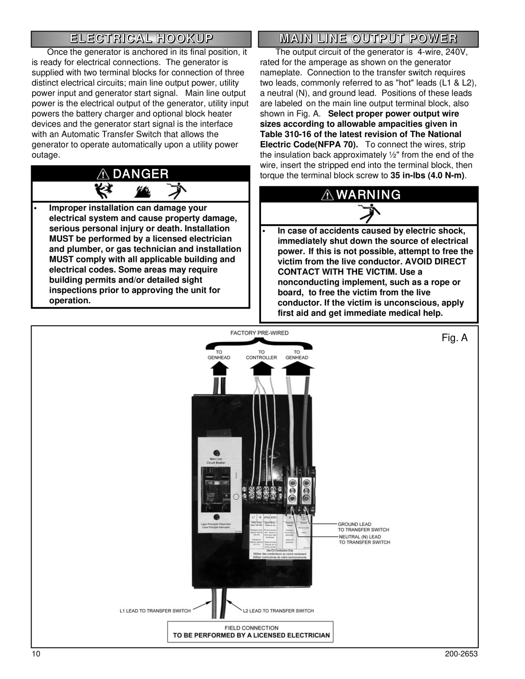 Powermate P2201, P3201, P2701 owner manual Electrical Hookup, AIN Line Output Powe R 