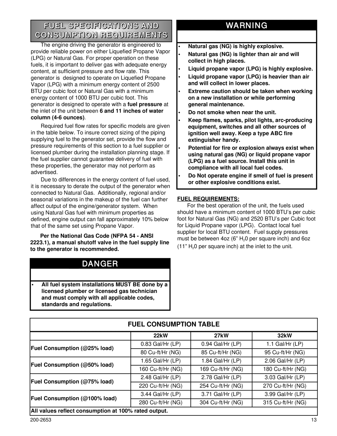 Powermate P2201, P3201, P2701 owner manual Fuel Specifications, Consumption Require Ments, Fuel Requirements 