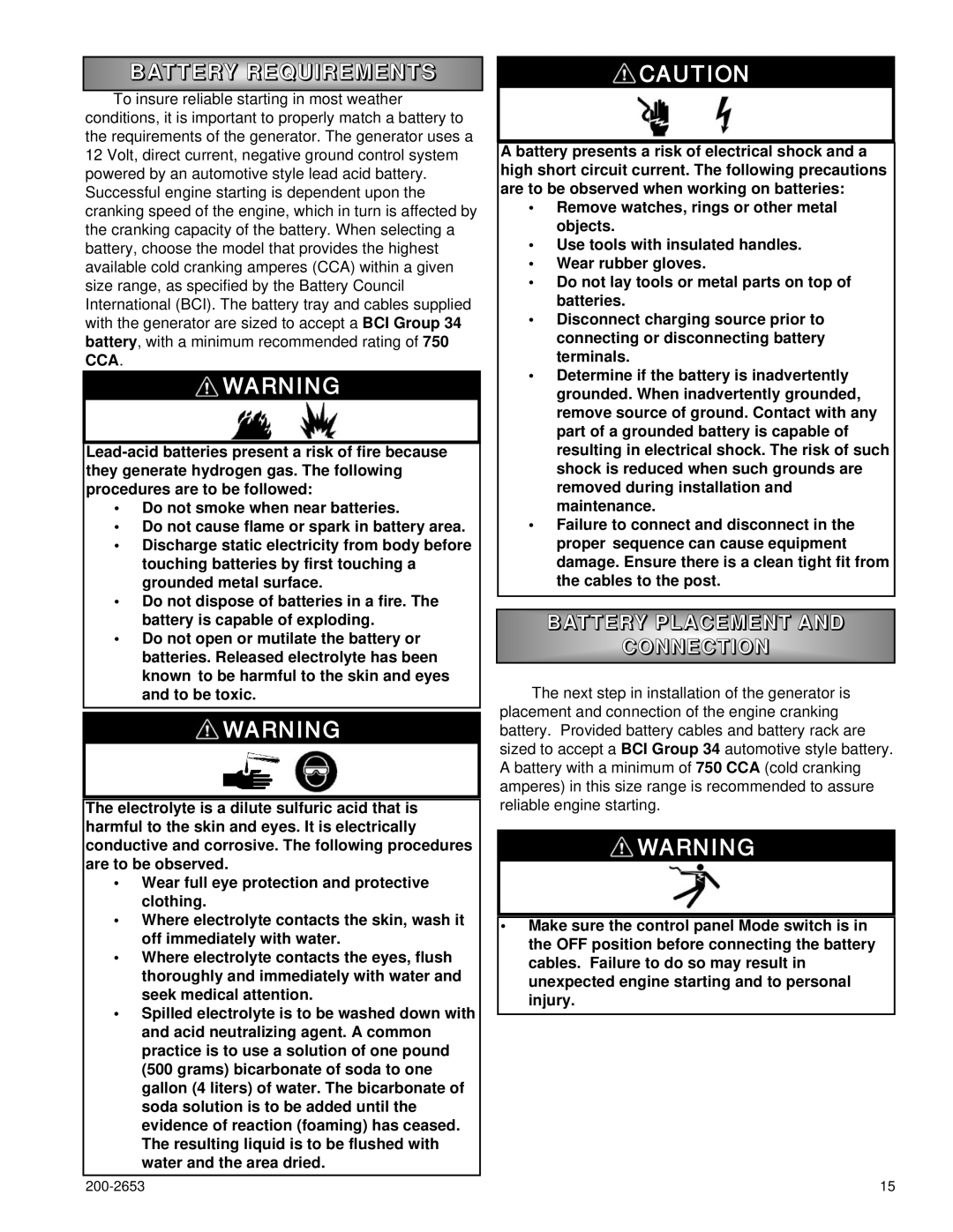 Powermate P3201, P2201, P2701 owner manual Battery Requirement S, Battery Placement, Connectio N 