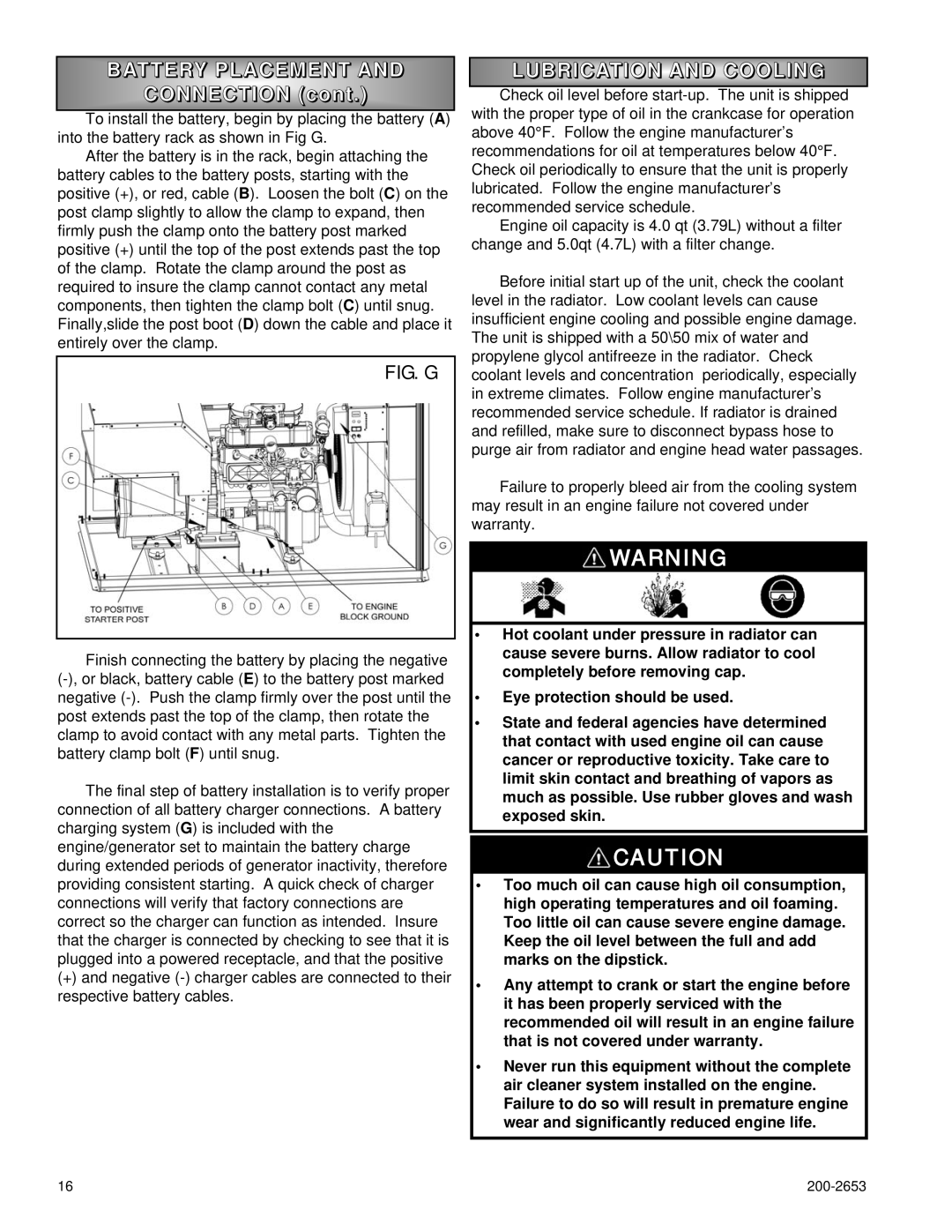 Powermate P2201, P3201, P2701 owner manual Nnection con t, Lubrication and Cooling 