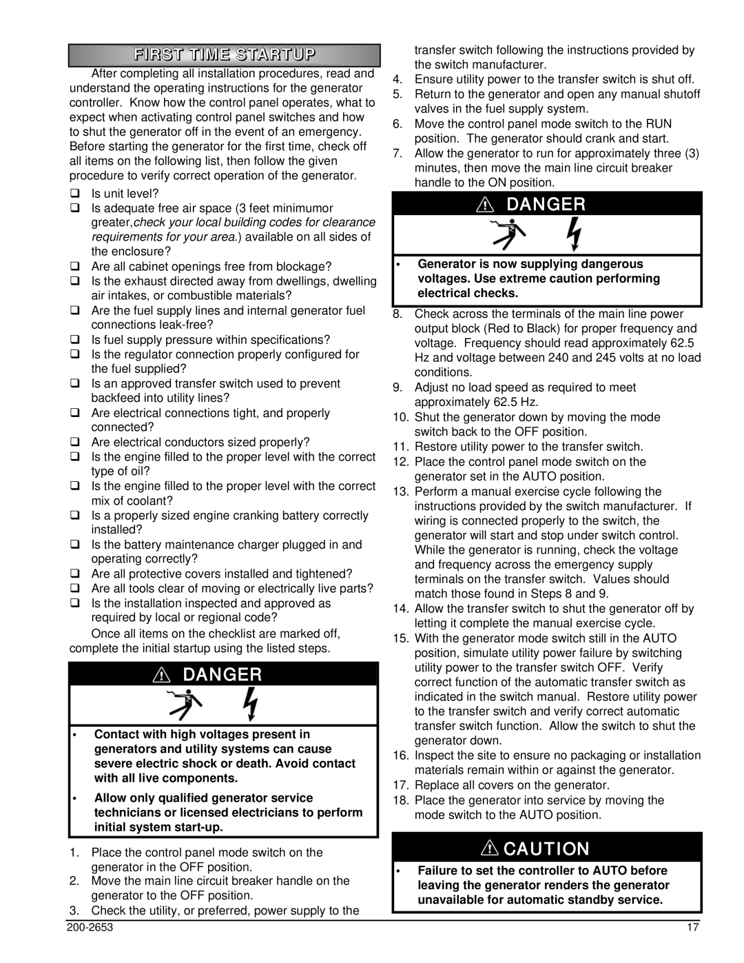 Powermate P2701, P3201, P2201 owner manual First Time Startup 