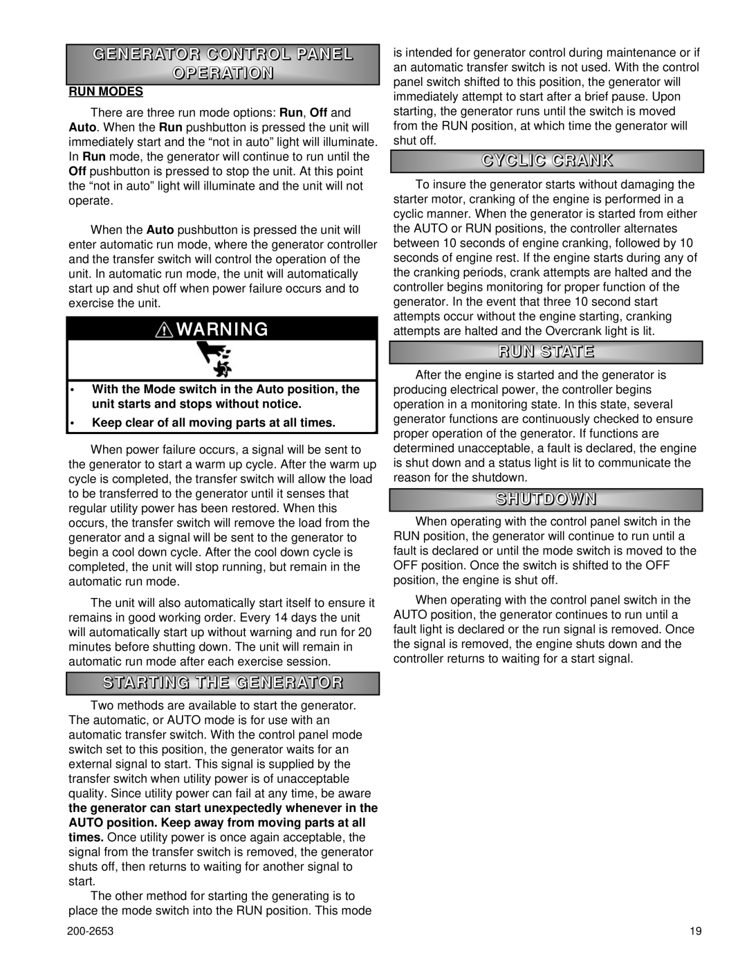 Powermate P2201, P3201, P2701 Generator Control Panel Operatio N, Starting the Generator, Cyclic Crank, RUN State, Shutdown 