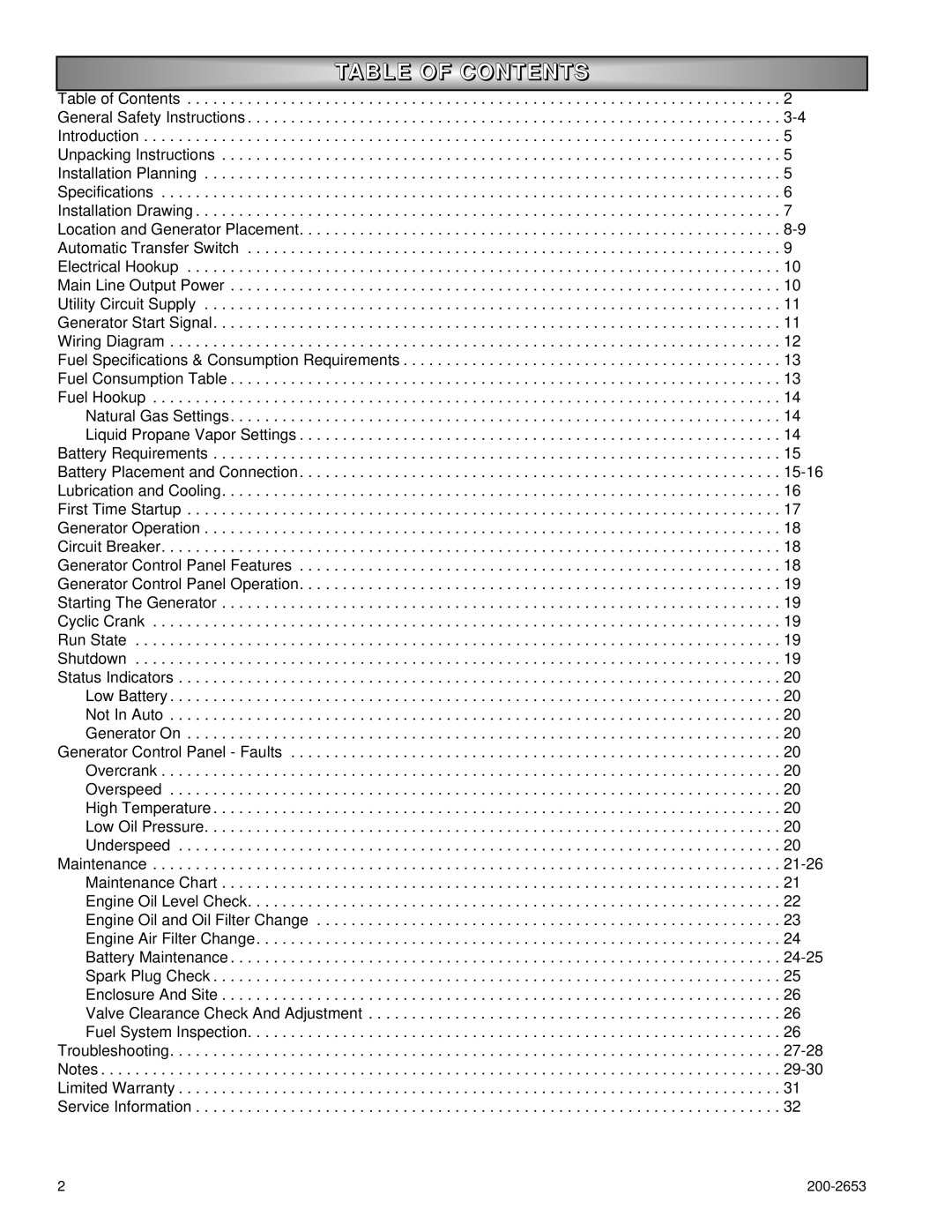 Powermate P2701, P3201, P2201 owner manual Table of Contents 