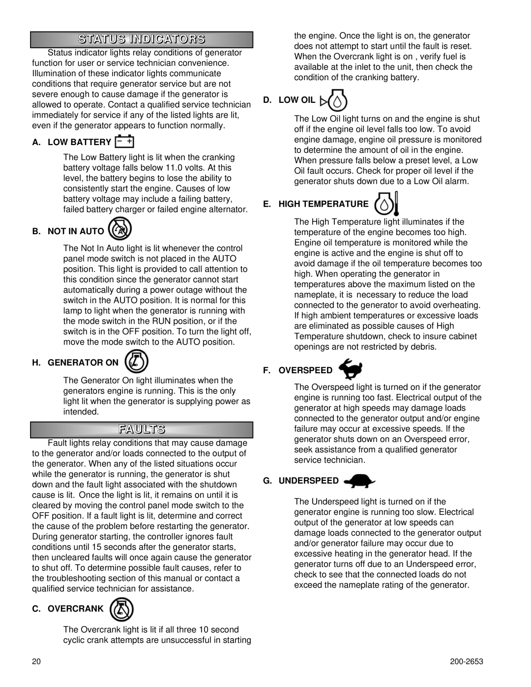 Powermate P2701, P3201, P2201 owner manual Status Indicators, Faults 