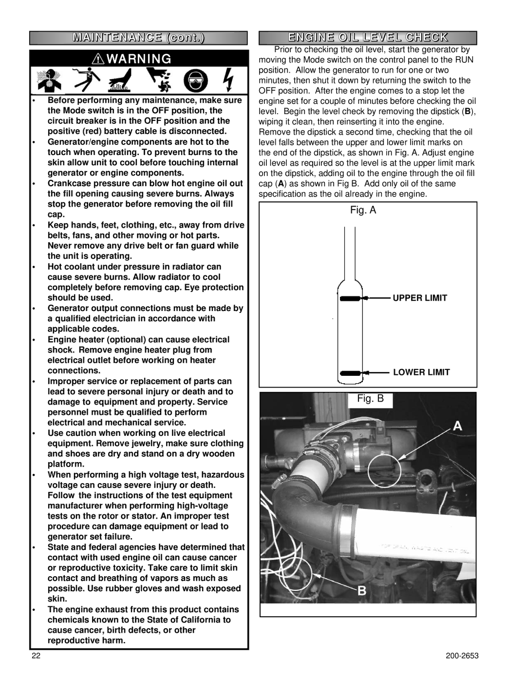 Powermate P2201, P3201, P2701 owner manual Engine OIL Level Check, Upper Limit Lower Limit 