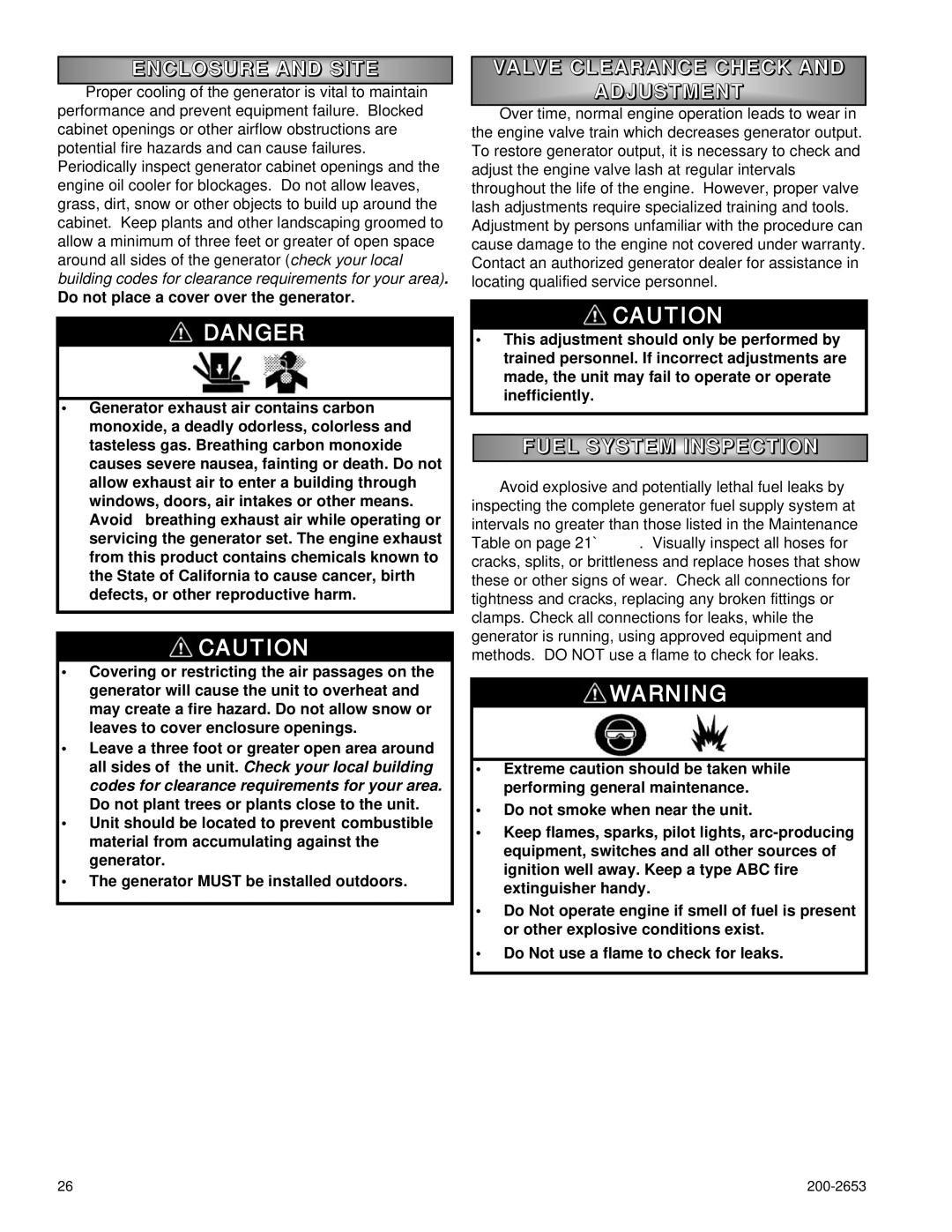 Powermate P2701, P3201, P2201 owner manual Nclosure and Site, Valve Clearance Check, Adjustmen T, Fuel System Inspection 