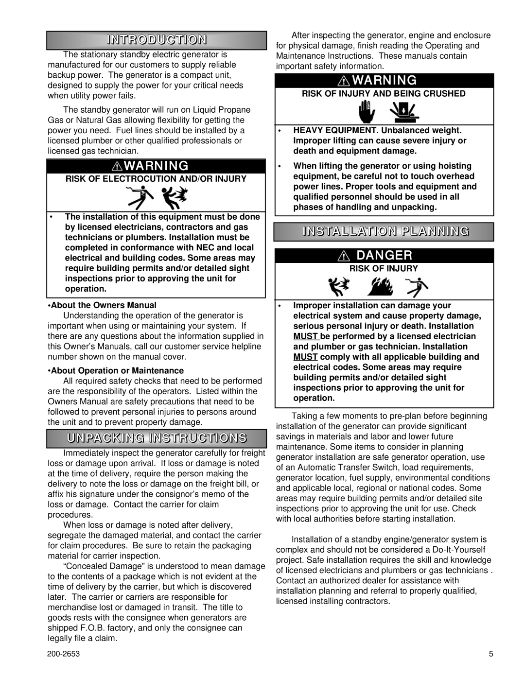 Powermate P2701, P3201, P2201 owner manual Introductio N, Unpacking Instruction S, Installation Plannin G 