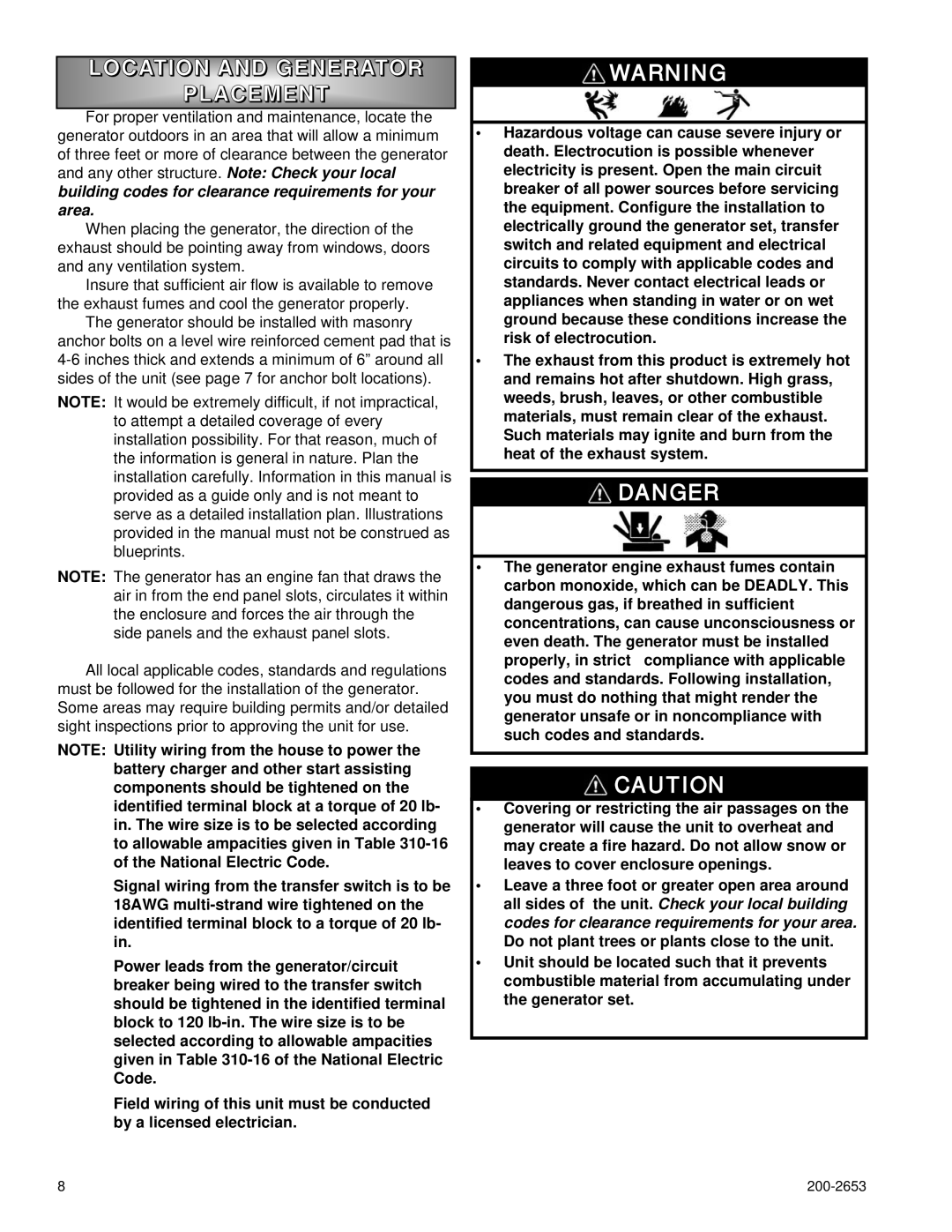 Powermate P2701, P3201, P2201 owner manual Location and Generator, Placemen T 