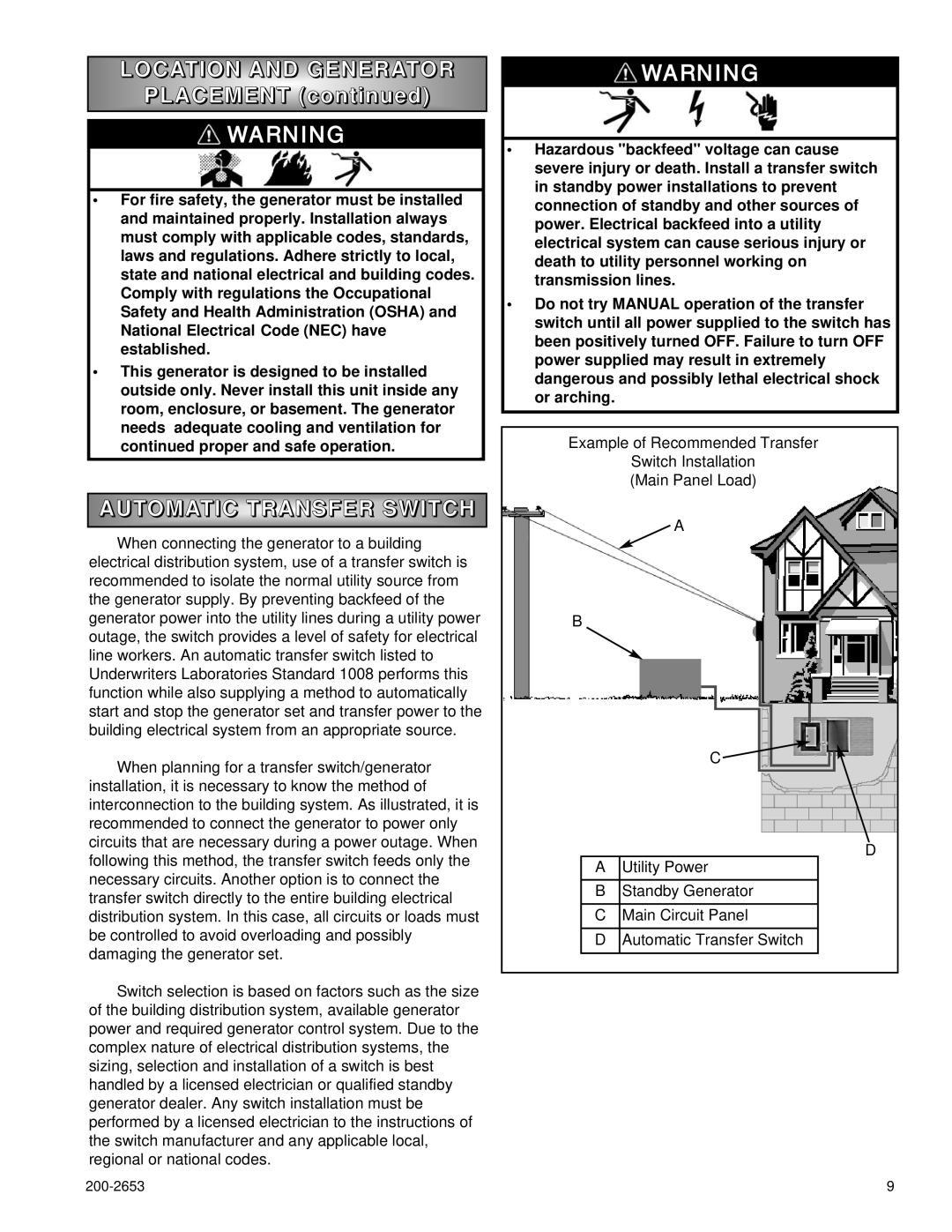 Powermate P3201, P2201, P2701 owner manual Placement continue d, Utomatic Transfer Switch 