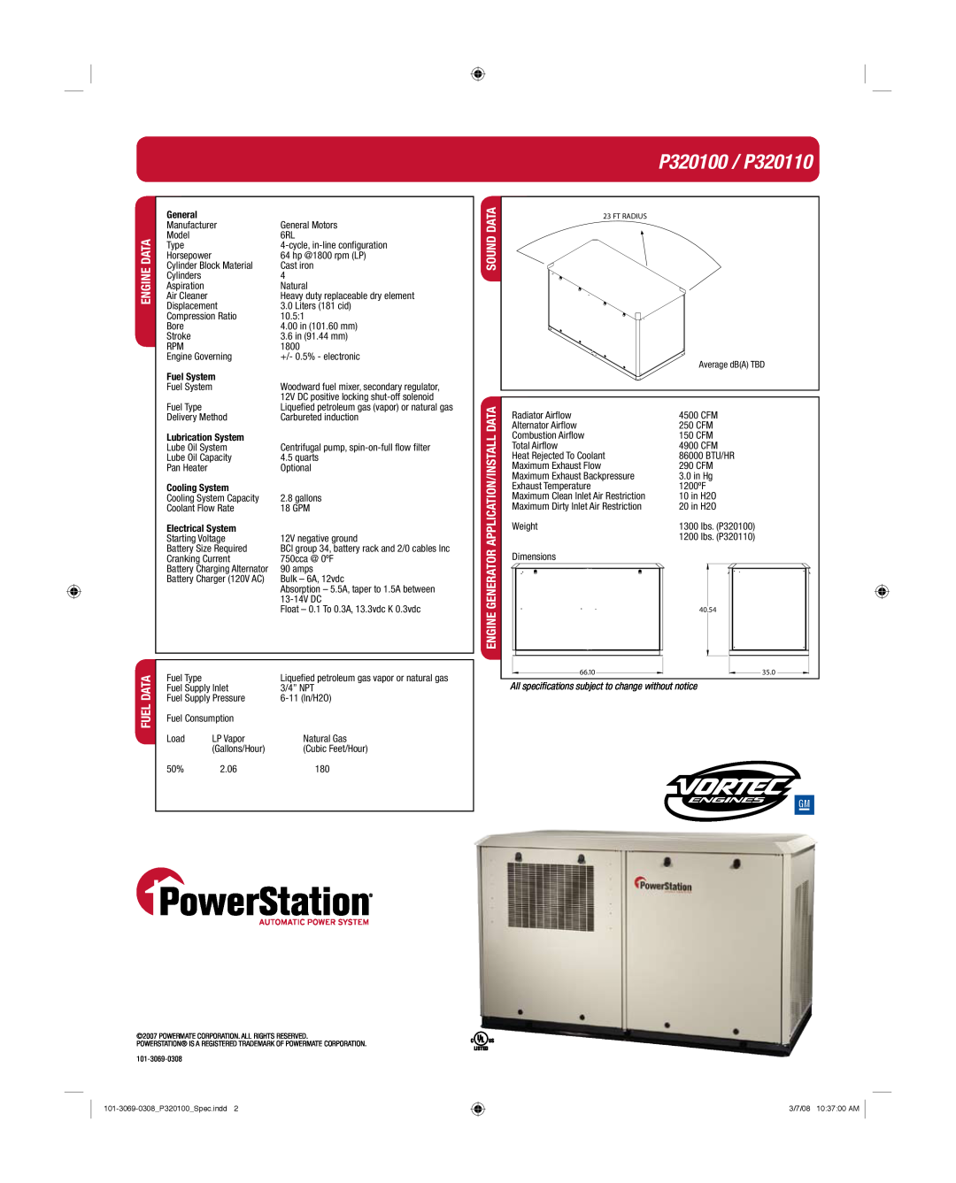 Powermate warranty P320100 / P320110, Data, Engine, General, Fuel System, Lubrication System, Cooling System 