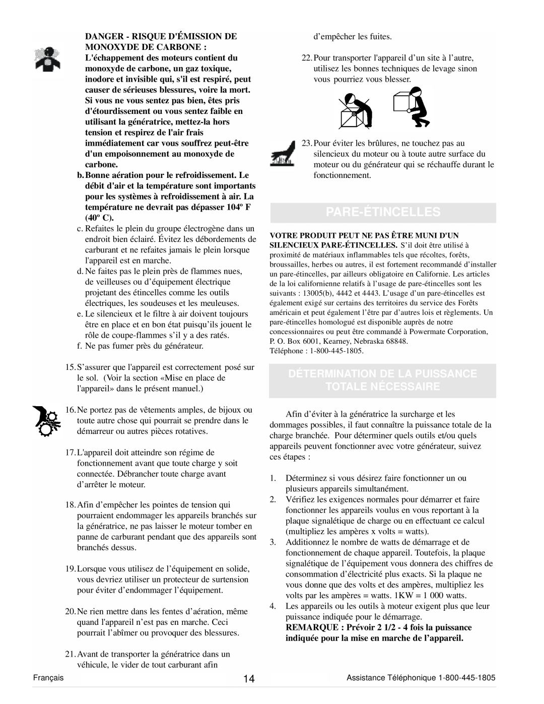 Powermate PC0101100 manual Pare-Étincelles, Détermination De La Puissance Totale Nécessaire 