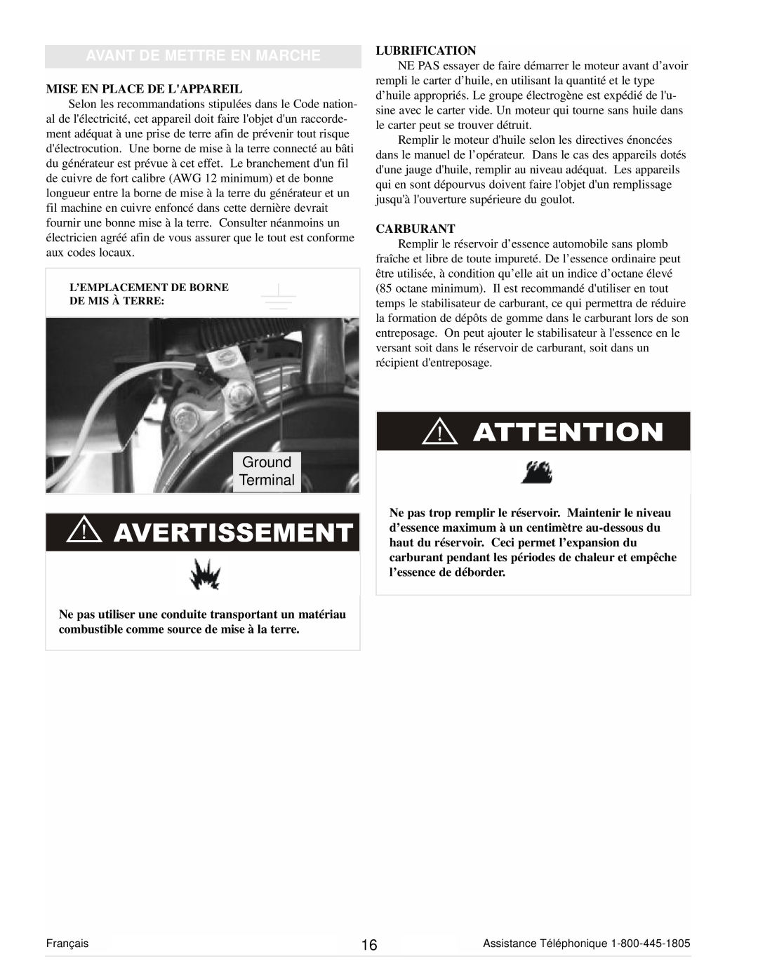 Powermate PC0101100 manual Avant De Mettre En Marche, Ground Terminal, Mise En Place De Lappareil, Lubrification, Carburant 