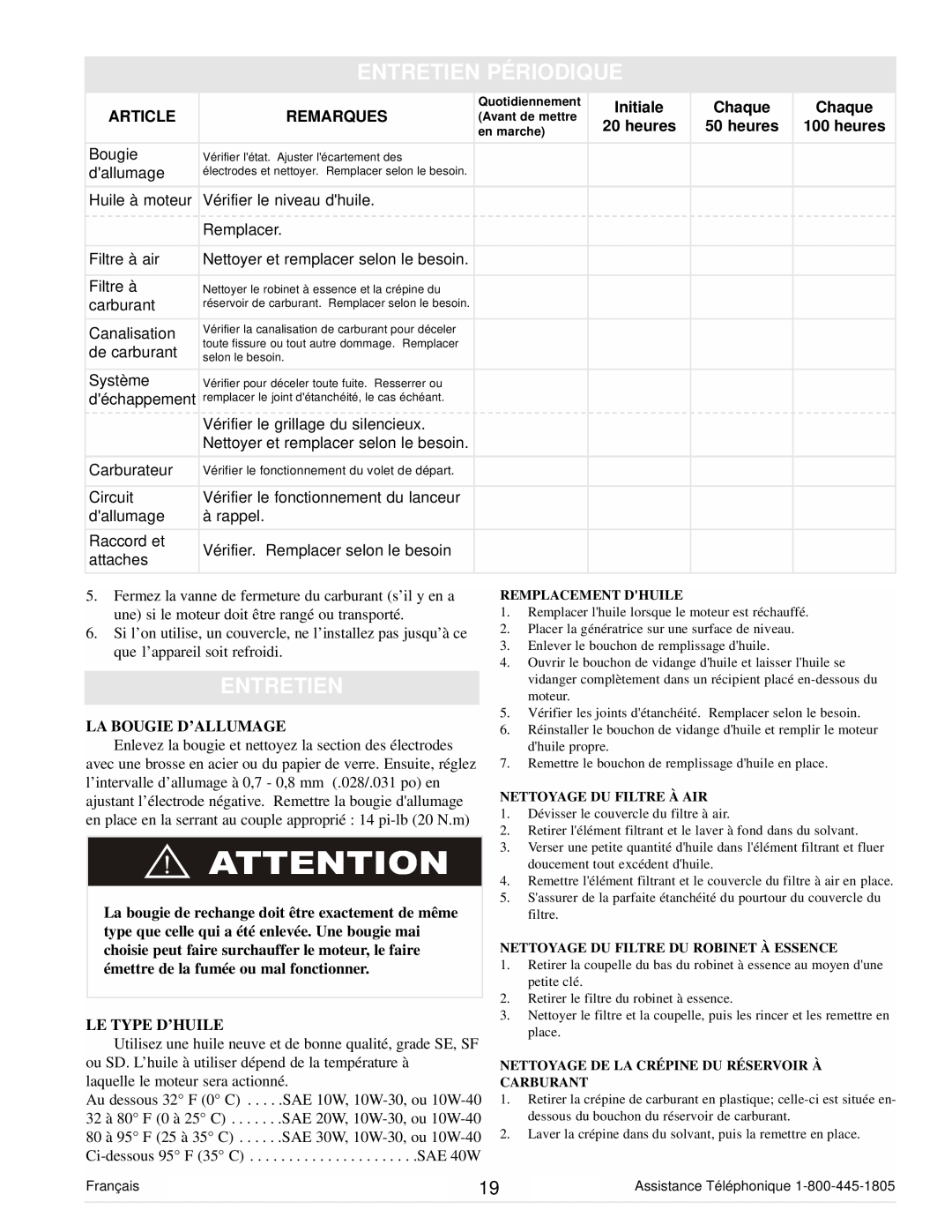 Powermate PC0101100 manual Entretien Périodique, La Bougie D’Allumage, Le Type D’Huile 