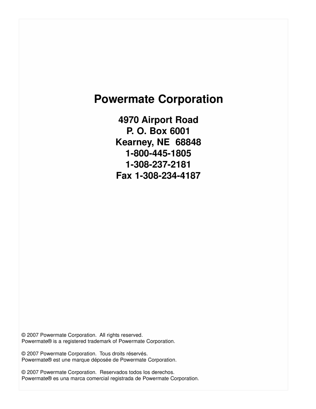 Powermate PC0101100 manual Powermate Corporation, Airport Road P. O. Box Kearney, NE 