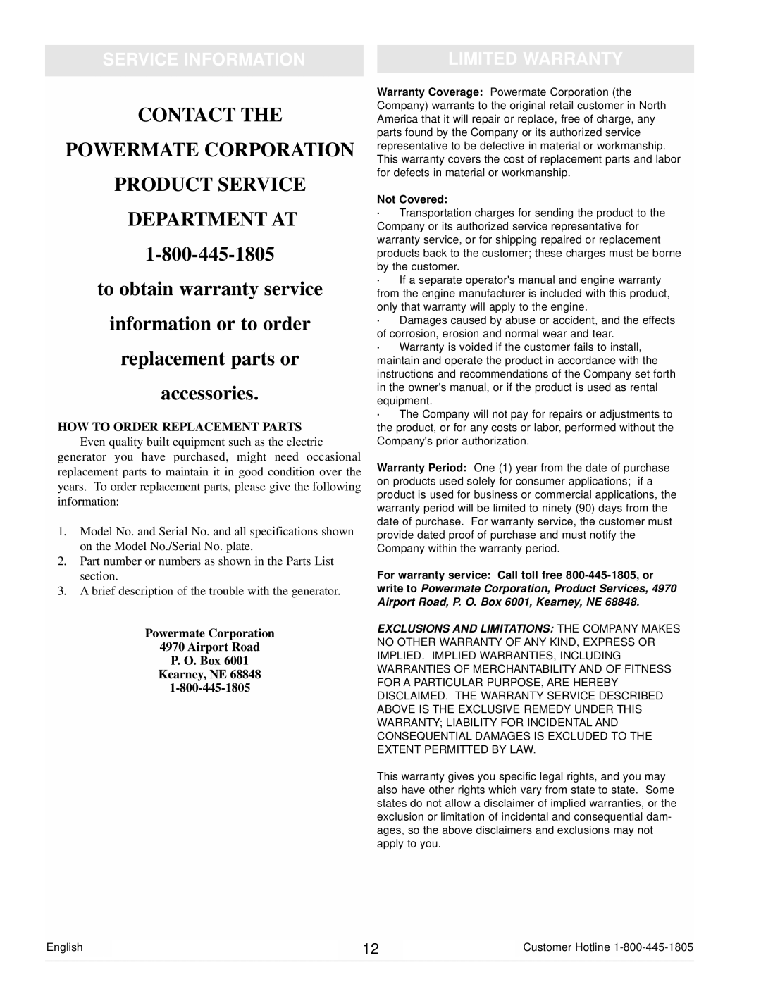 Powermate PC0101100 manual Service Information Limited Warranty, Powermate Corporation Airport Road Box Kearney, NE 