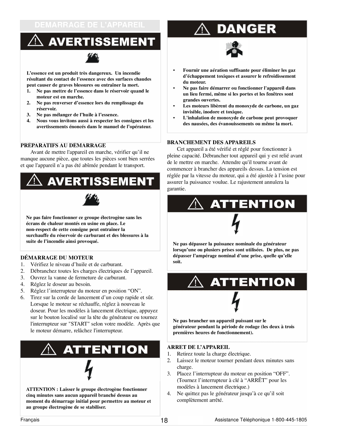 Powermate PC0101100 manual Demarrage DE Lappareil, Préparatifs AU Démarrage, Branchement DES Appareils, Démarrage DU Moteur 