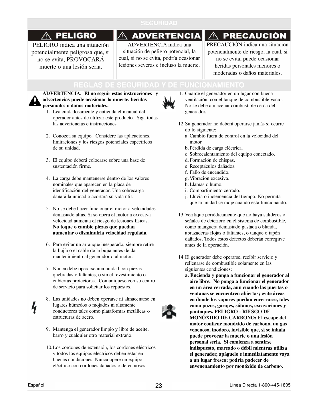 Powermate PC0101100 manual Reglas DE Seguridad Y DE Funcionamiento 