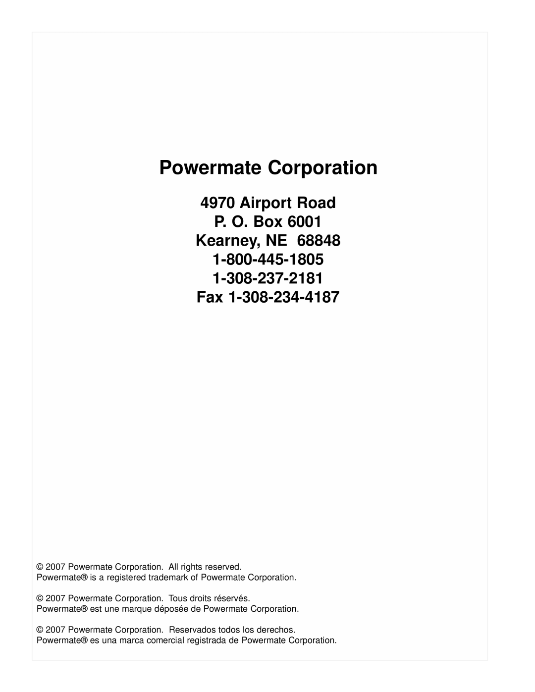 Powermate PC0101100 manual Powermate Corporation 