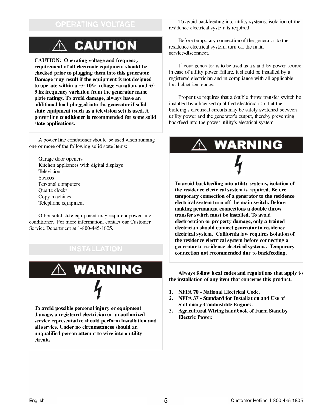 Powermate PC0101100 manual Operating Voltage, Installation 