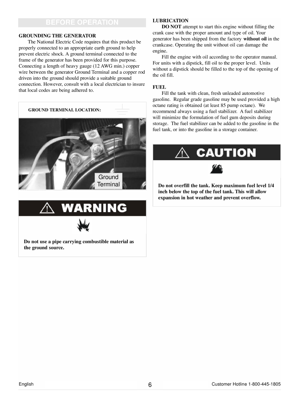 Powermate PC0101100 manual Before Operation, Grounding the Generator, Lubrication, Fuel 