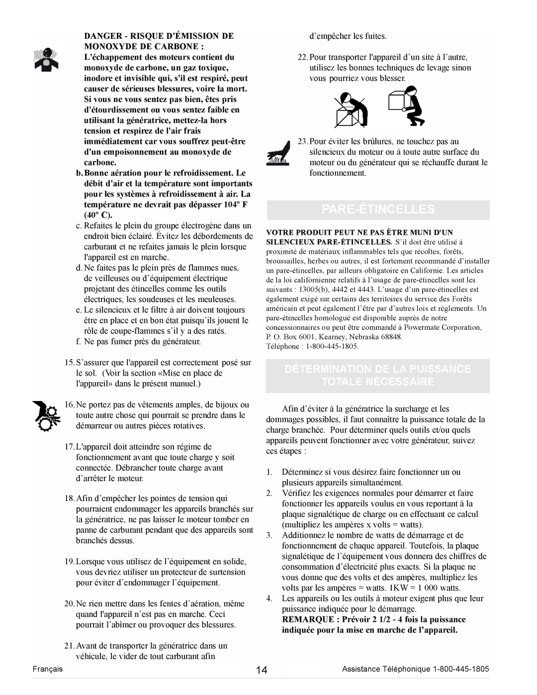 Powermate PC0102300 manual Pare-Étincelles, Détermination DE LA Puissance Totale Nécessaire 