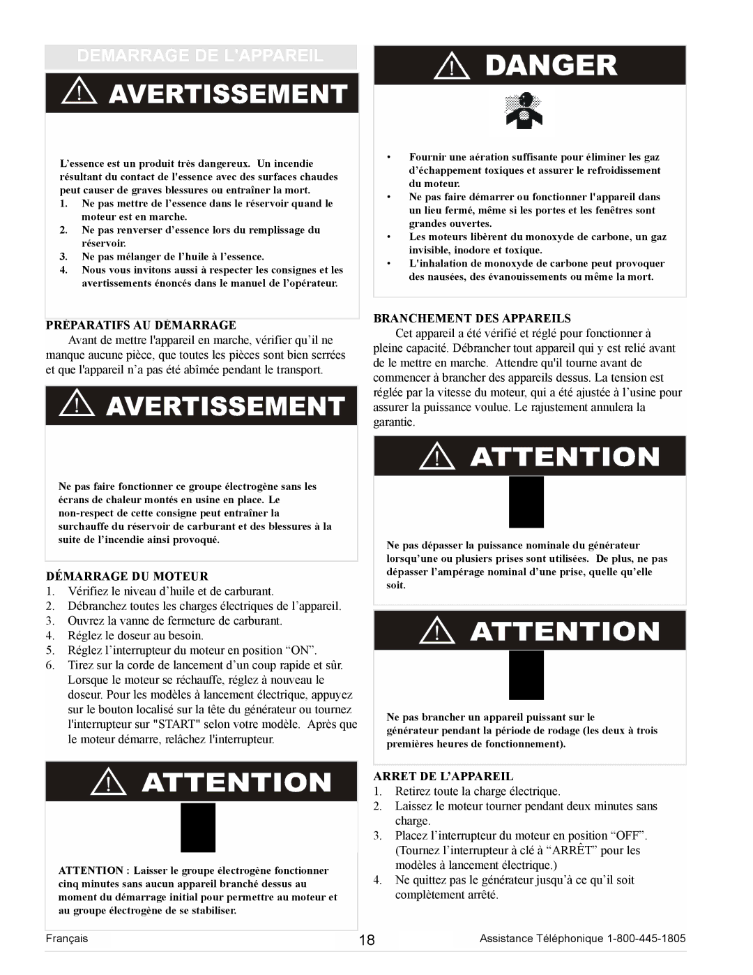 Powermate PC0102300 manual Demarrage DE Lappareil, Préparatifs AU Démarrage, Branchement DES Appareils, Démarrage DU Moteur 