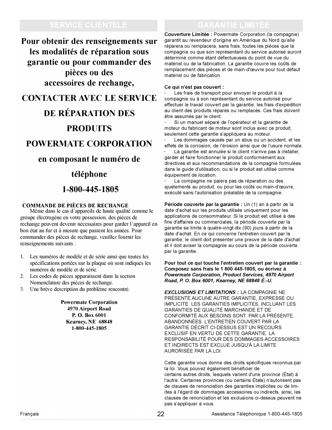 Powermate PC0102300 manual Service Clientele, Garantie Limitée, Commande DE Pièces DE Rechange 